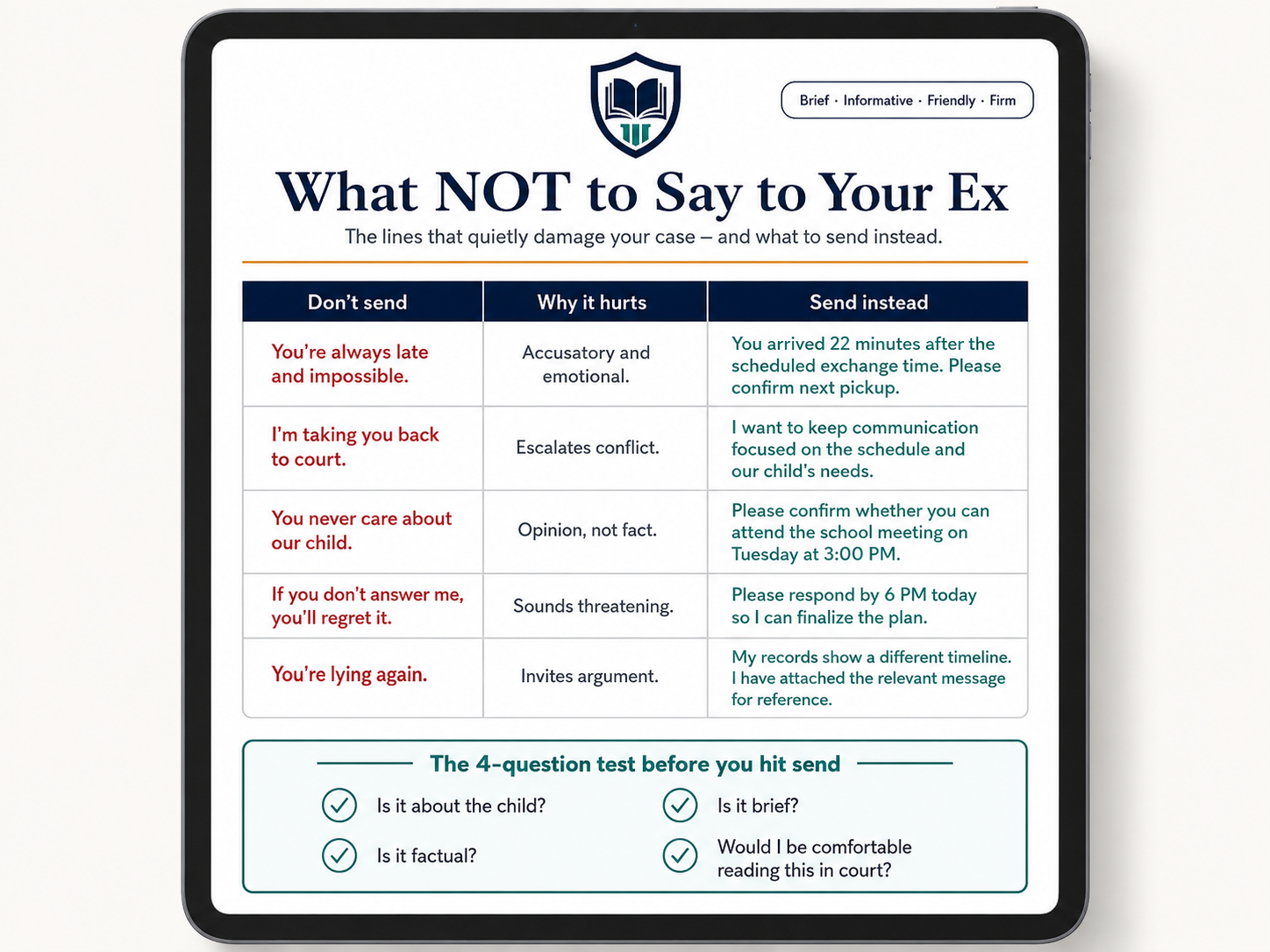 What NOT to Say to Your Ex cheat sheet