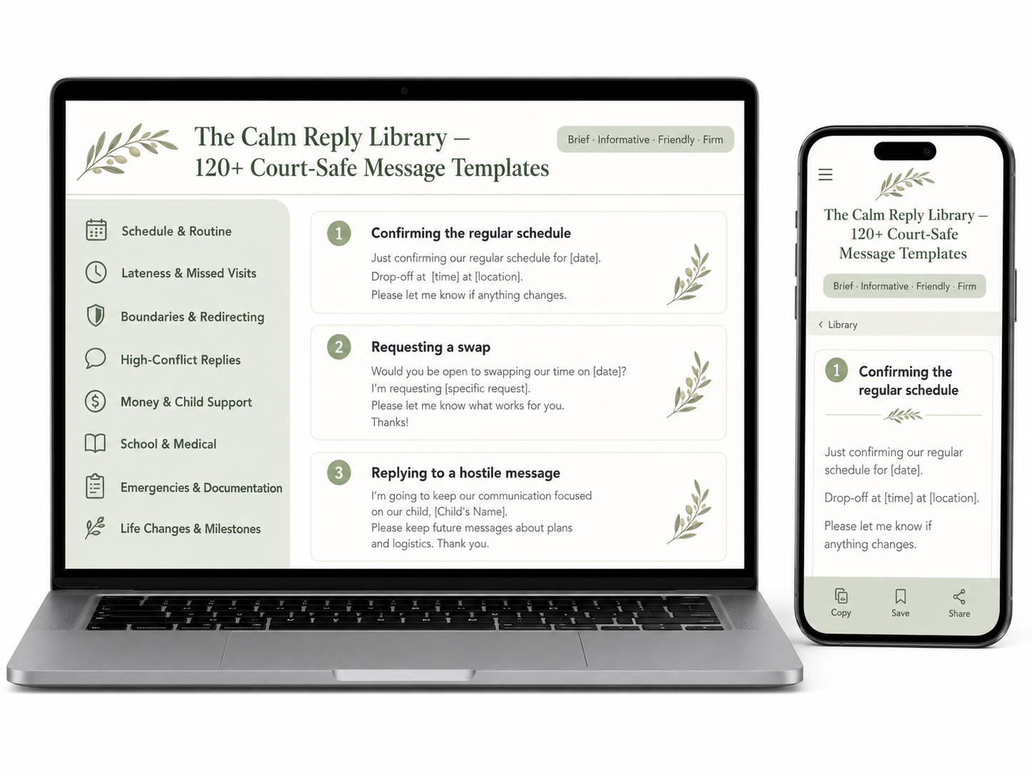 The Calm Reply Library message templates mockup