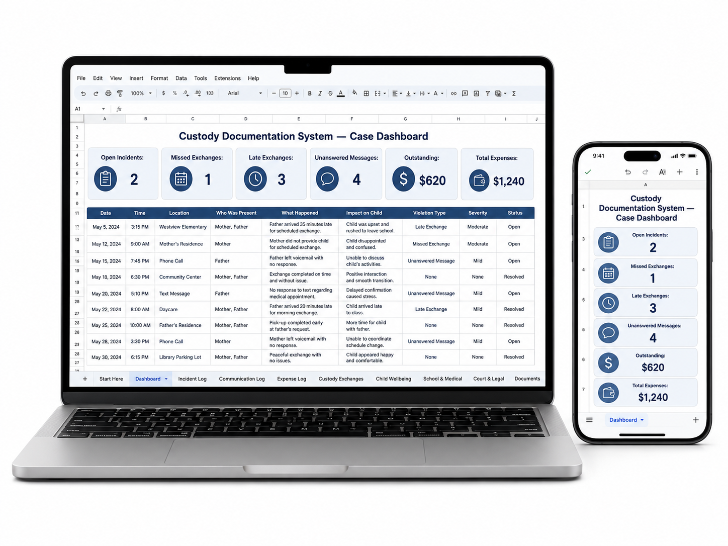 Custody Documentation Tracker spreadsheet mockup